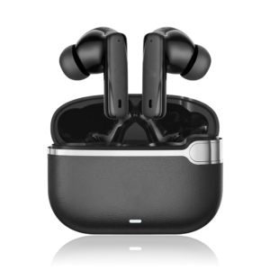 In-Ear Wireless TWS Earbuds with Leather Texture Case and Silver Accent
