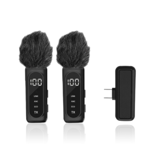 Dual Wireless Lavalier Microphone System with LED Display and Fuzzy Windscreens